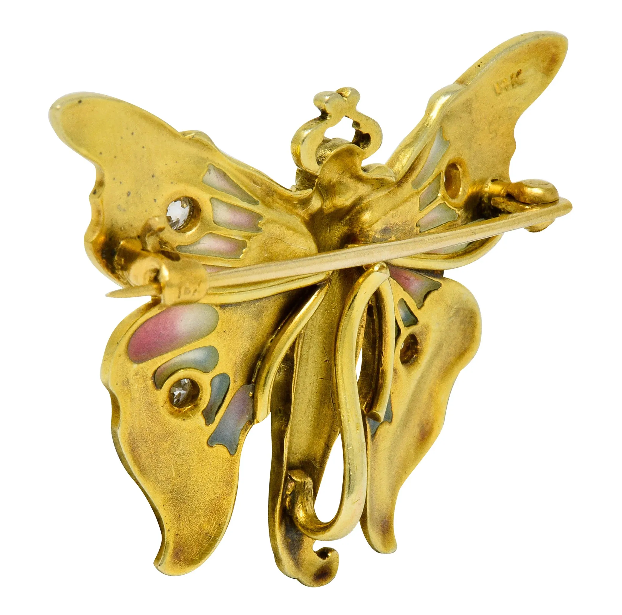 Whiteside & Blank Art Nouveau Diamond Enamel 14 Karat Gold Butterfly Nymph Brooch