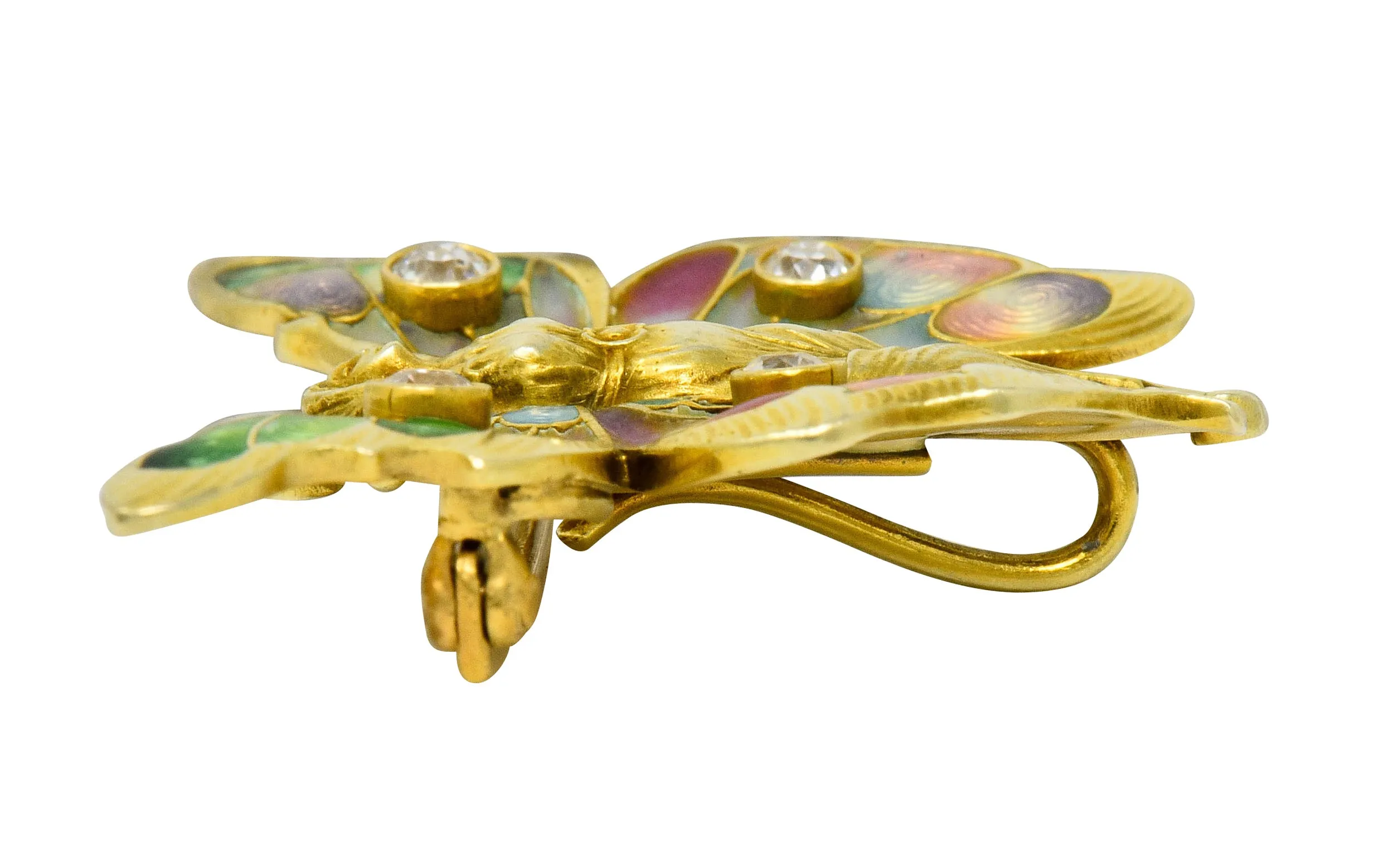 Whiteside & Blank Art Nouveau Diamond Enamel 14 Karat Gold Butterfly Nymph Brooch