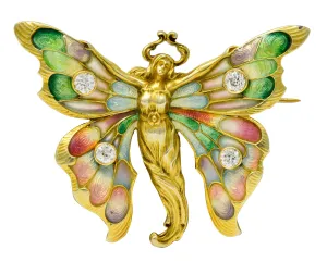 Whiteside & Blank Art Nouveau Diamond Enamel 14 Karat Gold Butterfly Nymph Brooch