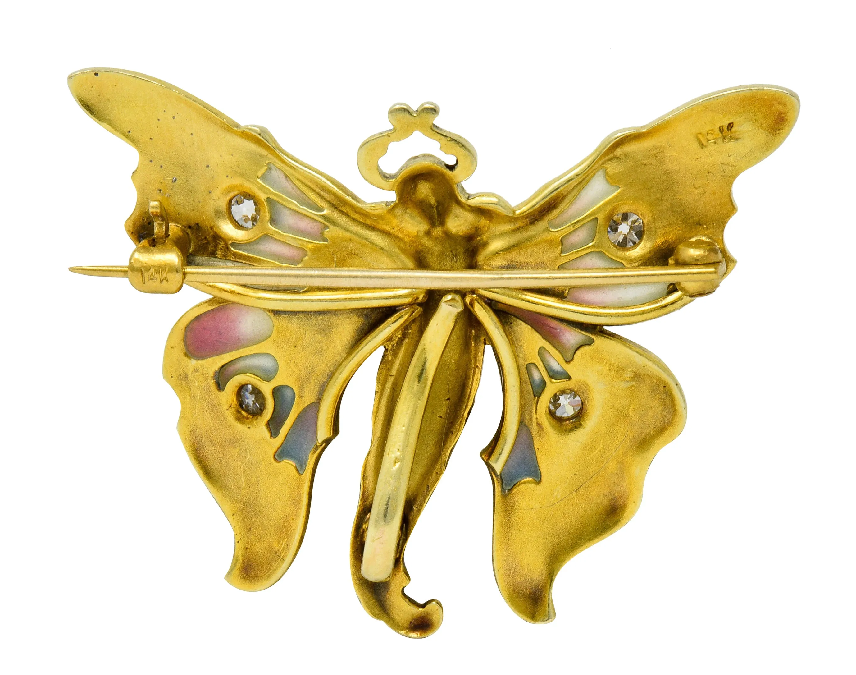 Whiteside & Blank Art Nouveau Diamond Enamel 14 Karat Gold Butterfly Nymph Brooch