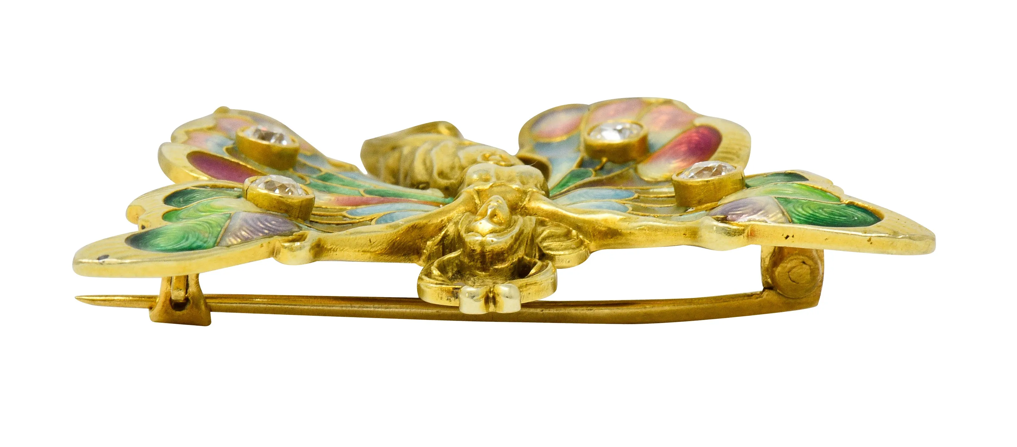 Whiteside & Blank Art Nouveau Diamond Enamel 14 Karat Gold Butterfly Nymph Brooch