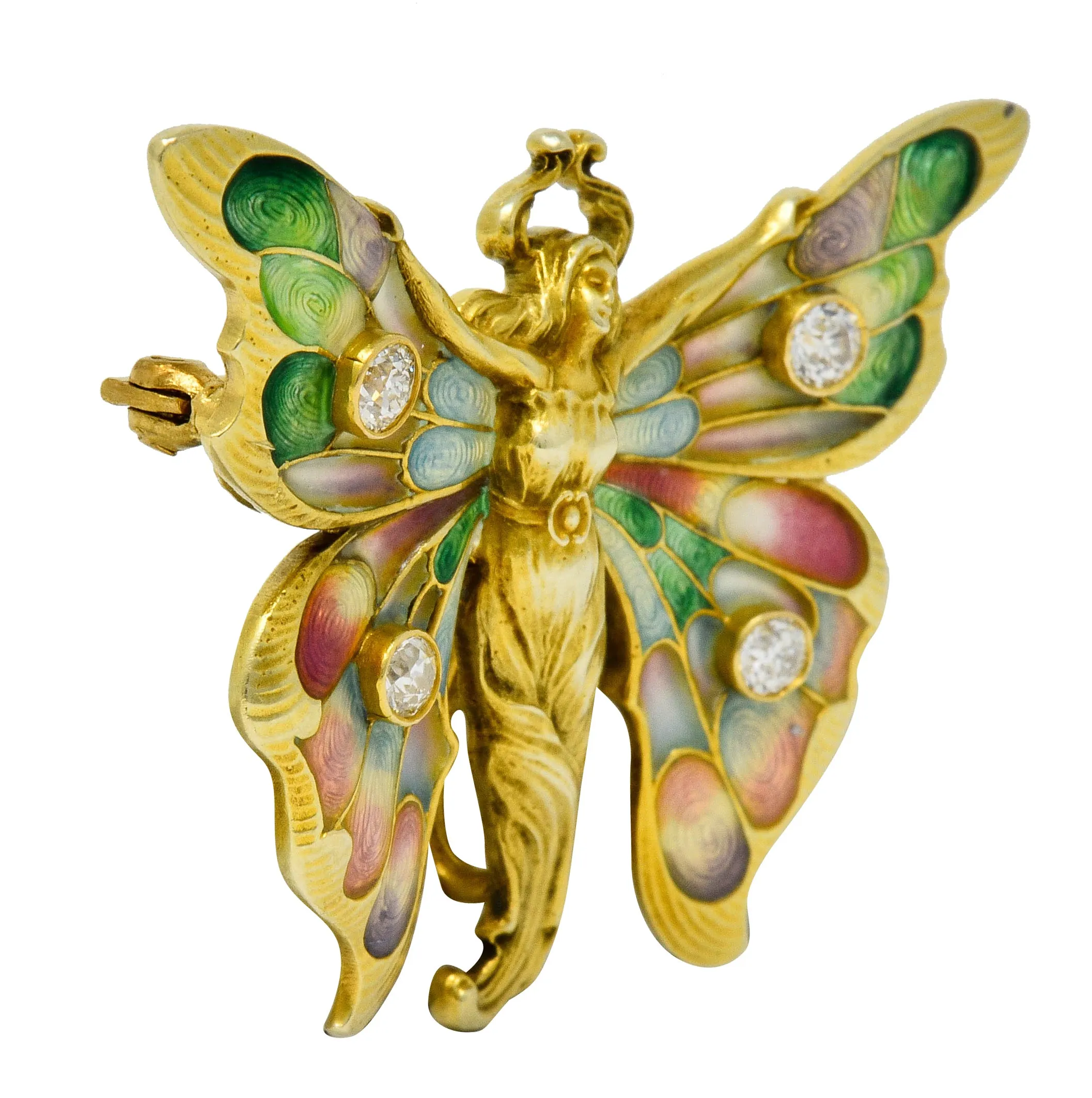 Whiteside & Blank Art Nouveau Diamond Enamel 14 Karat Gold Butterfly Nymph Brooch