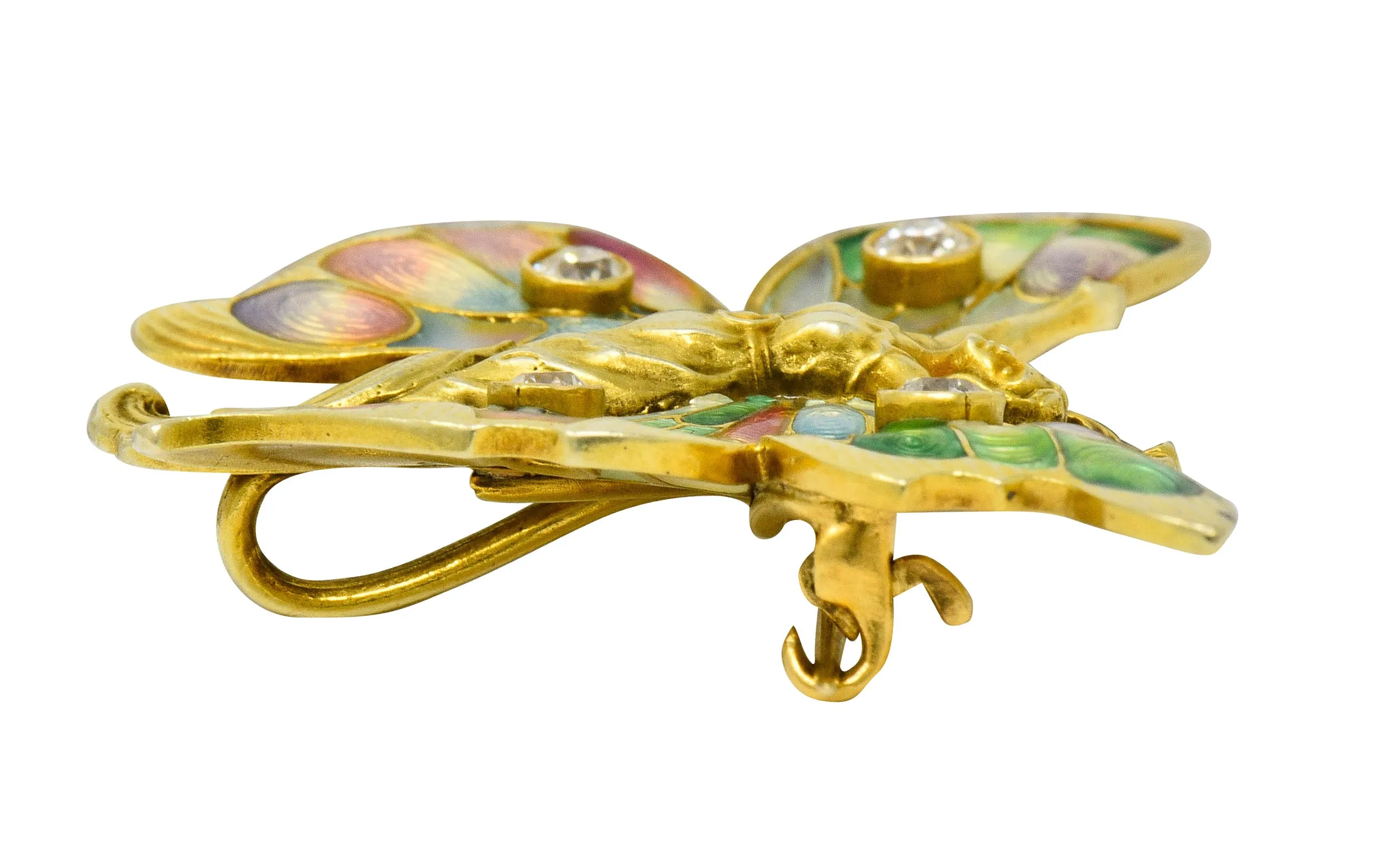 Whiteside & Blank Art Nouveau Diamond Enamel 14 Karat Gold Butterfly Nymph Brooch