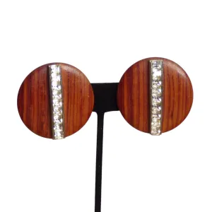 YVES SAINT LAURENT- c.1980 Round Wood & Rhinestone Earrings