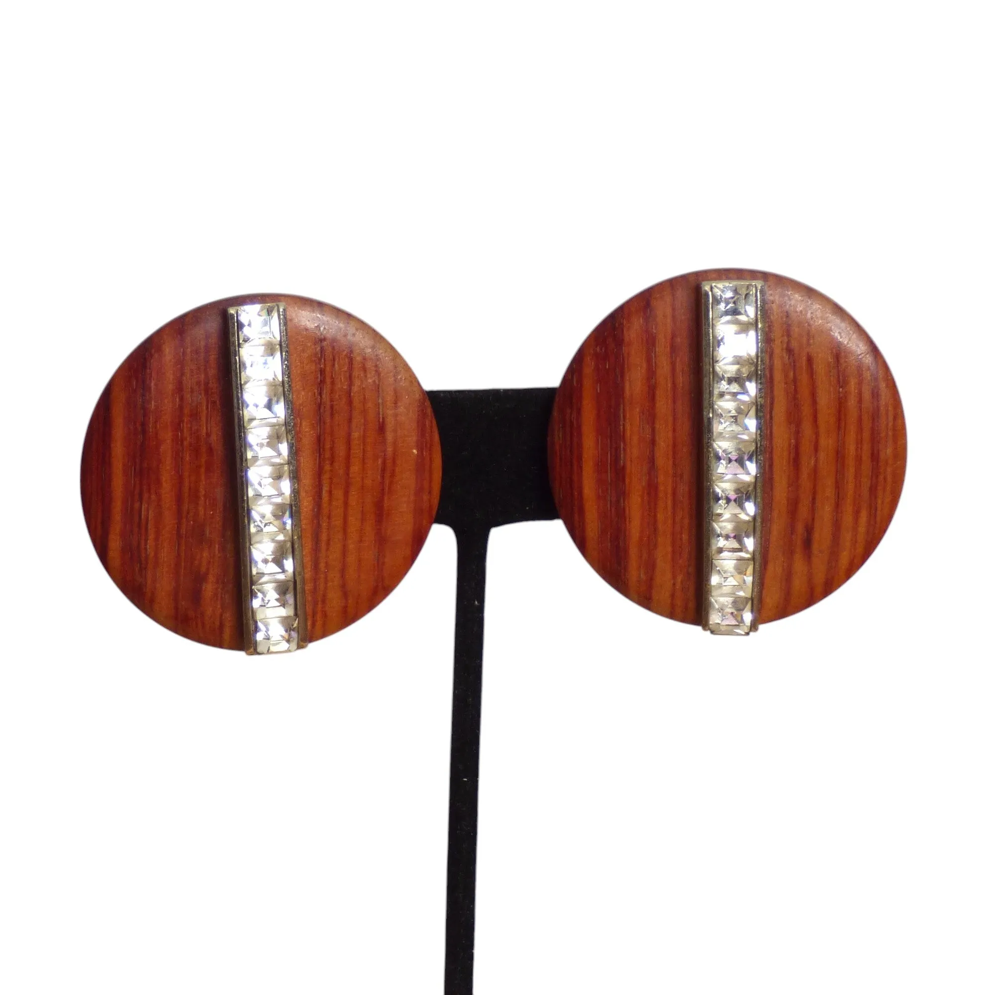 YVES SAINT LAURENT- c.1980 Round Wood & Rhinestone Earrings