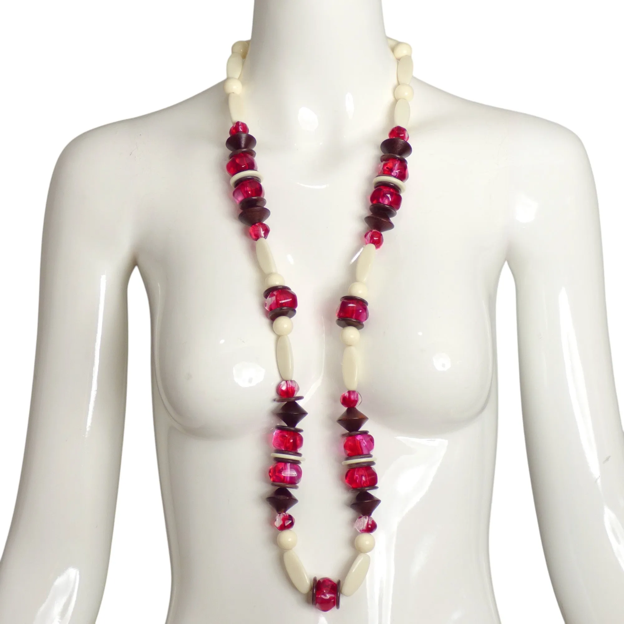 YVES SAINT LAURENT- c.1990 Long White & Fuchsia Bead Necklace