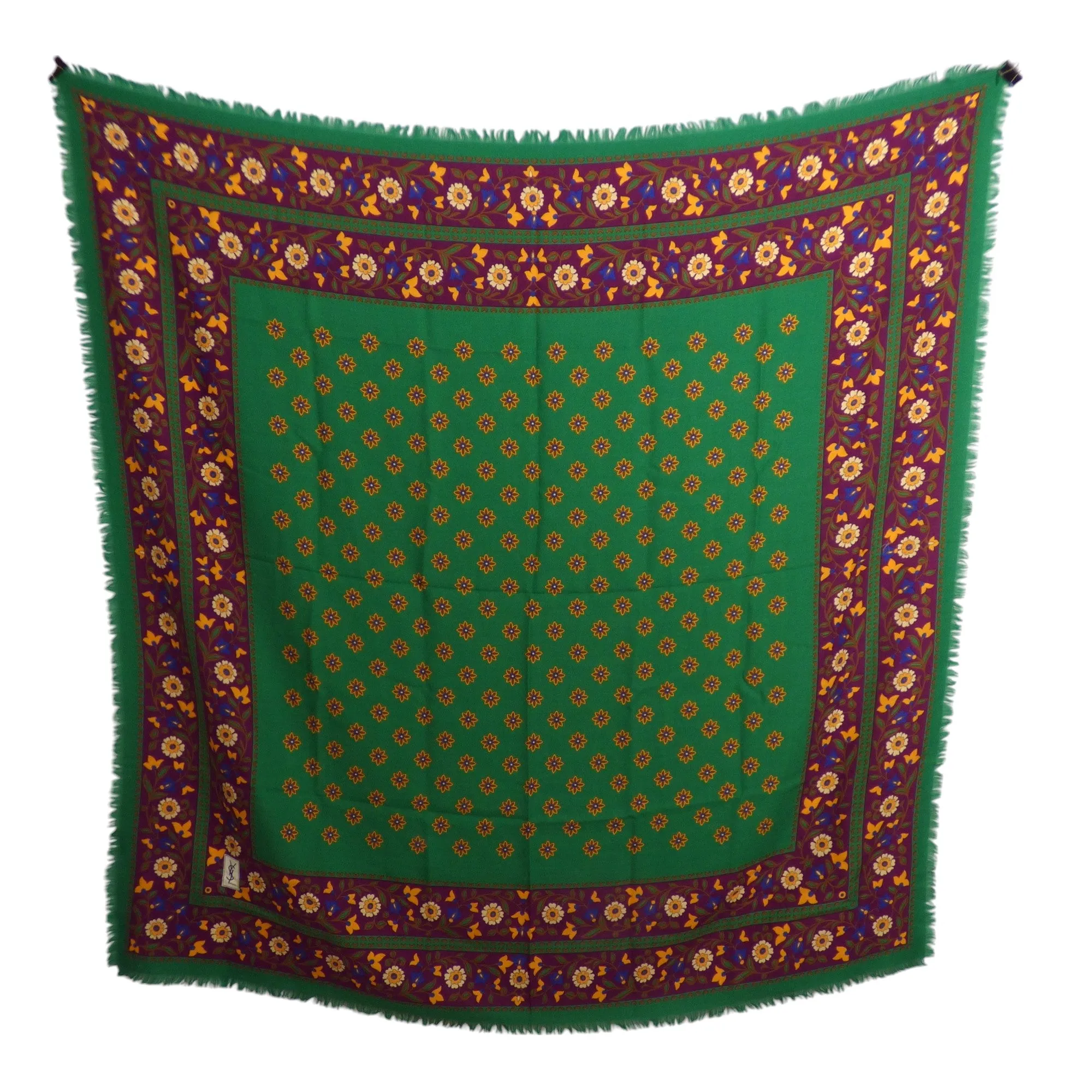 YVES SAINT LAURENT- Floral Wool Fringe Scarf