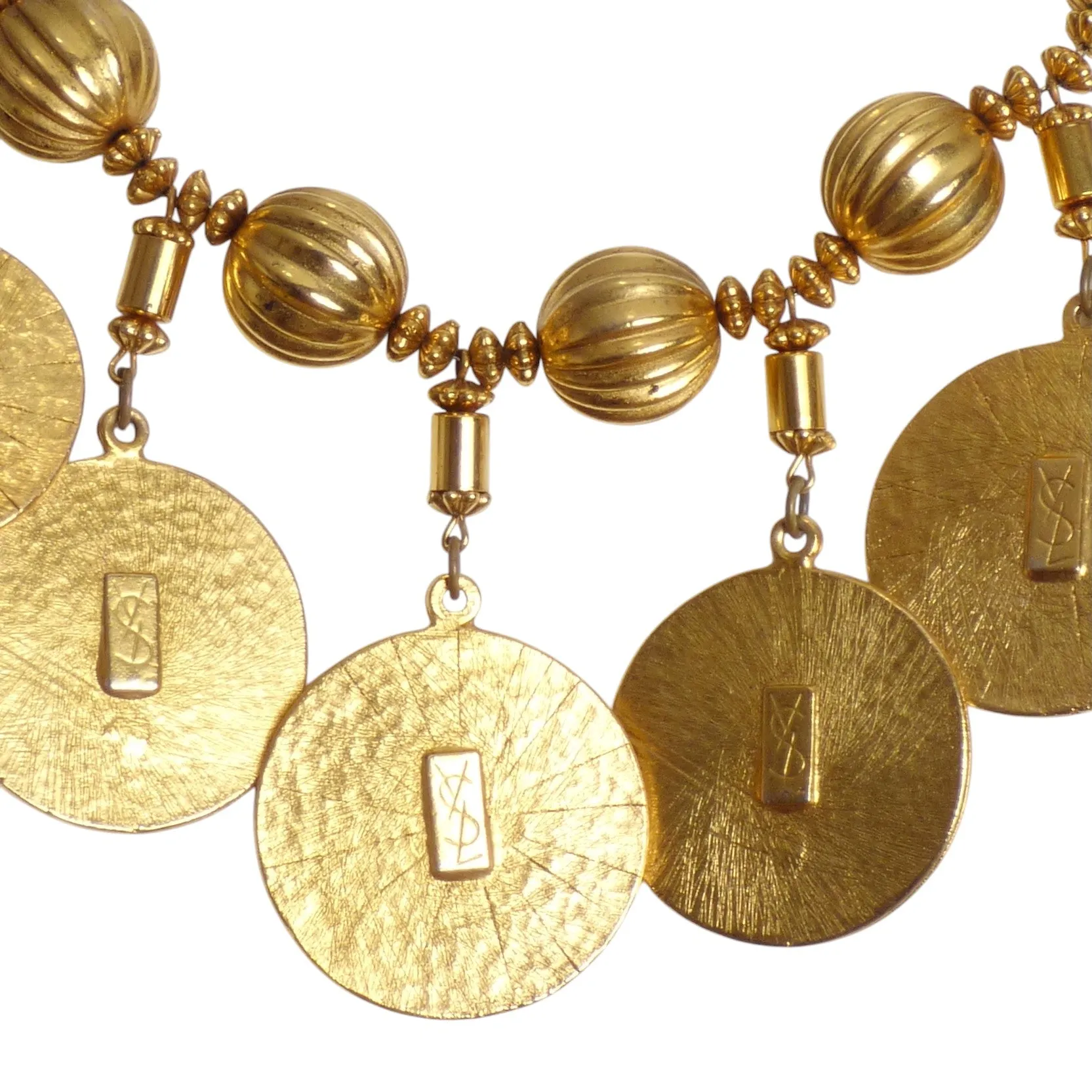YVES SAINT LAURENT- Gold Tone Metal Bead & Coin Necklace