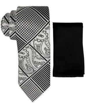Zenio Paisley Houndstooth Tie and Handkerchief - Silver & Black