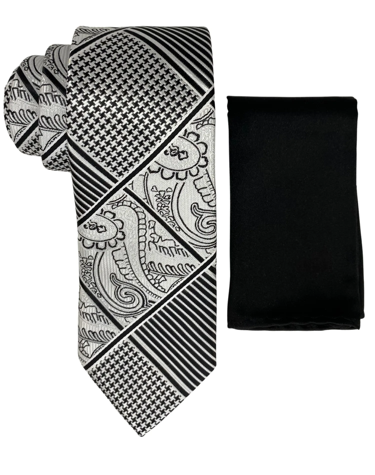 Zenio Paisley Houndstooth Tie and Handkerchief - Silver & Black